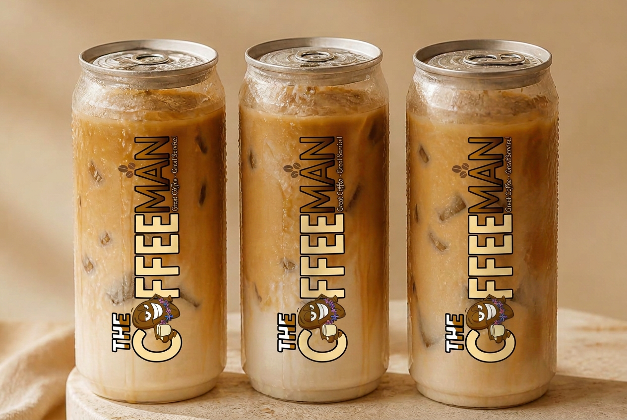 Iced lattes with ice in clear sealed cans. Coffee van catering in Cheltenham and Gloucester