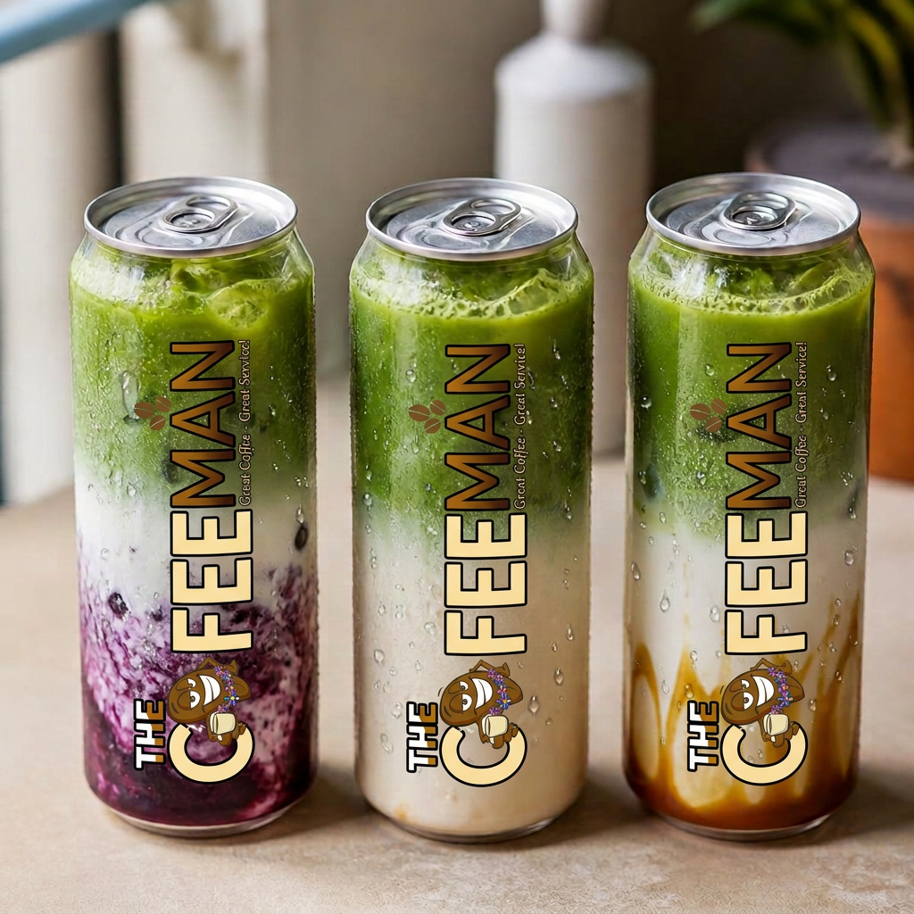 Iced matcha in branded sealed cans from The Coffee Man mobile coffee van